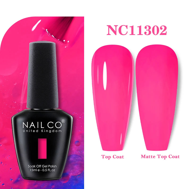 Vernis à ongles gel NAILCO 283 couleurs, base et top coat, semi-permanent, UV, pour nail art et manucure hybride.
