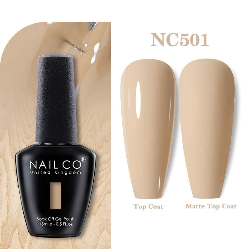 Vernis à ongles gel NAILCO 283 couleurs, base et top coat, semi-permanent, UV, pour nail art et manucure hybride.