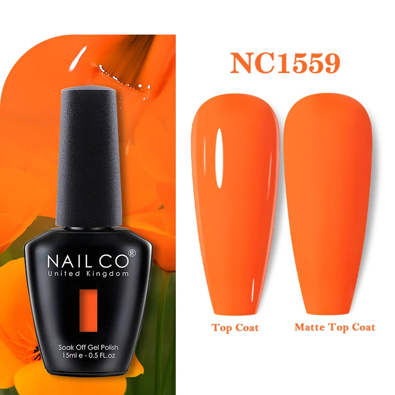 Vernis à ongles gel NAILCO 283 couleurs, base et top coat, semi-permanent, UV, pour nail art et manucure hybride.