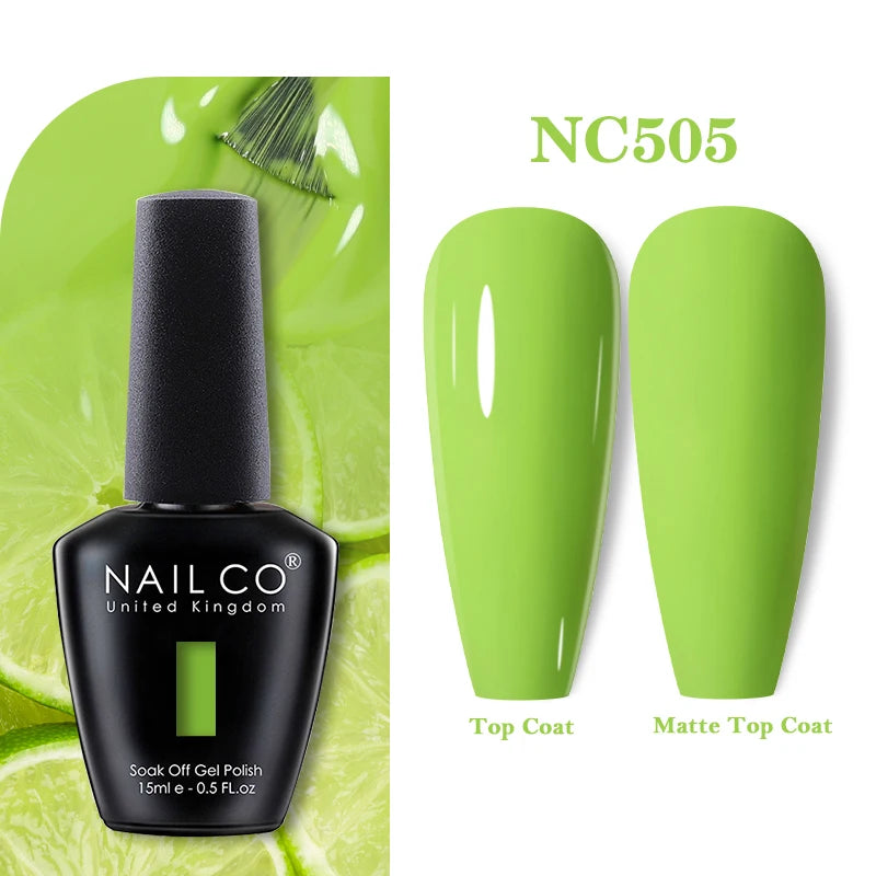 Vernis à ongles gel NAILCO 283 couleurs, base et top coat, semi-permanent, UV, pour nail art et manucure hybride.