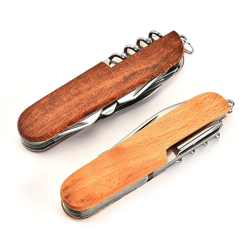 Multi-Purpose Folding Knife with Wood Handle