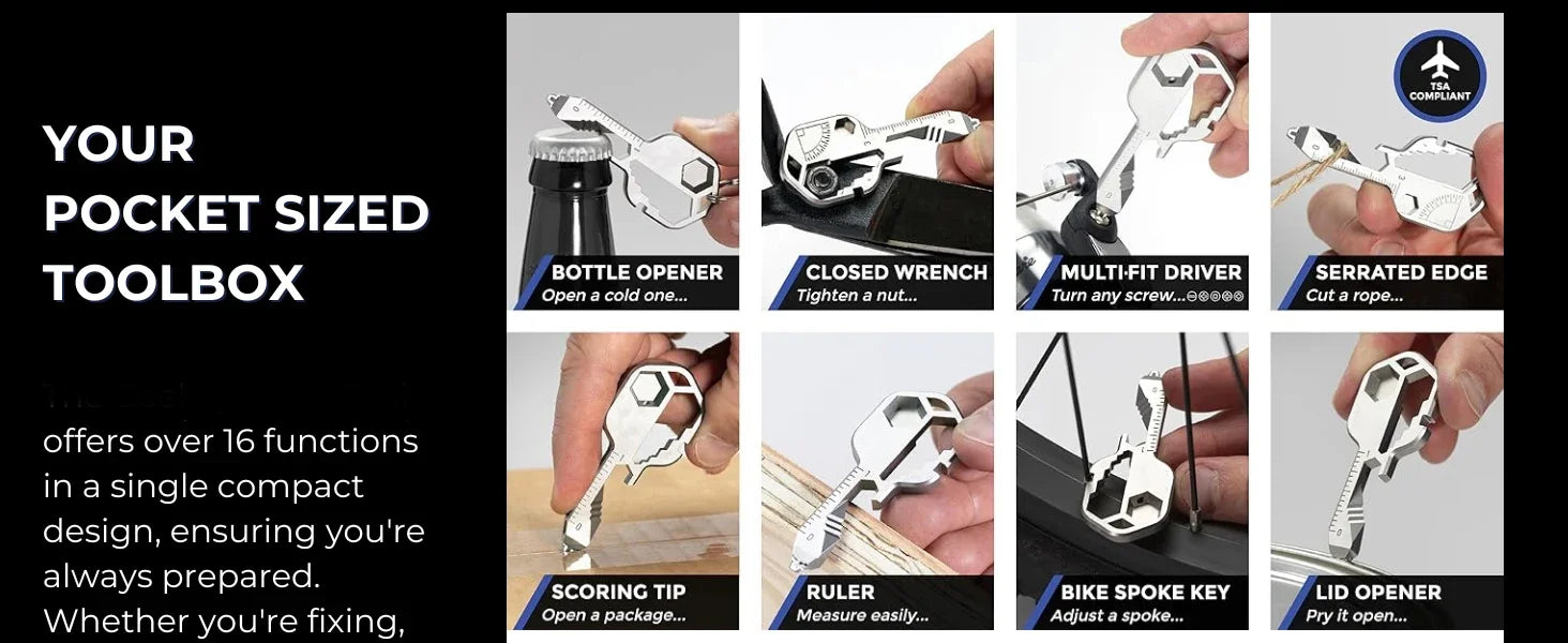 16-in-1 Key-Shaped Multi-Tool - TSA Safe Stainless Steel Keychain