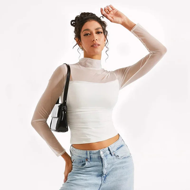 Transparent Mesh T-shirts Women Streetwear Solid Color Aesthetic Clothes Long Sleeve Ropa Mujer Slim Fit Office Lady Outfits