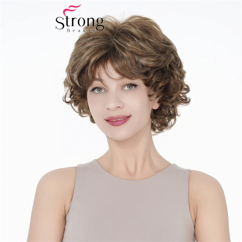 Strongbeauty Short Wavy Auburn Brown Synthetic Hair Thick Wig Full wig for Women