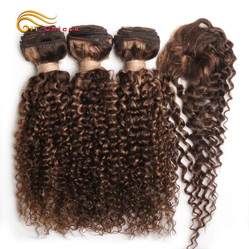 Kinky Curly Human Hair Bundles Short Brazilian Hair Weaves 3 Bundles With Closure Natural Black Curly Bundles With Closure