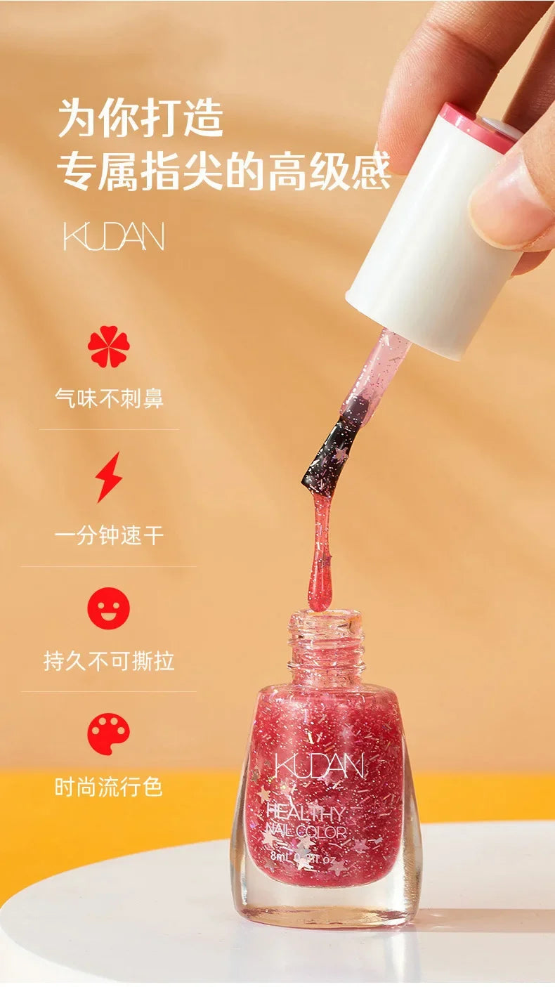 Vernis à ongles sans lampe UV, blanc à fines paillettes, sans cuisson, sans décollement, base huileuse transparente et brillante, couleur nude