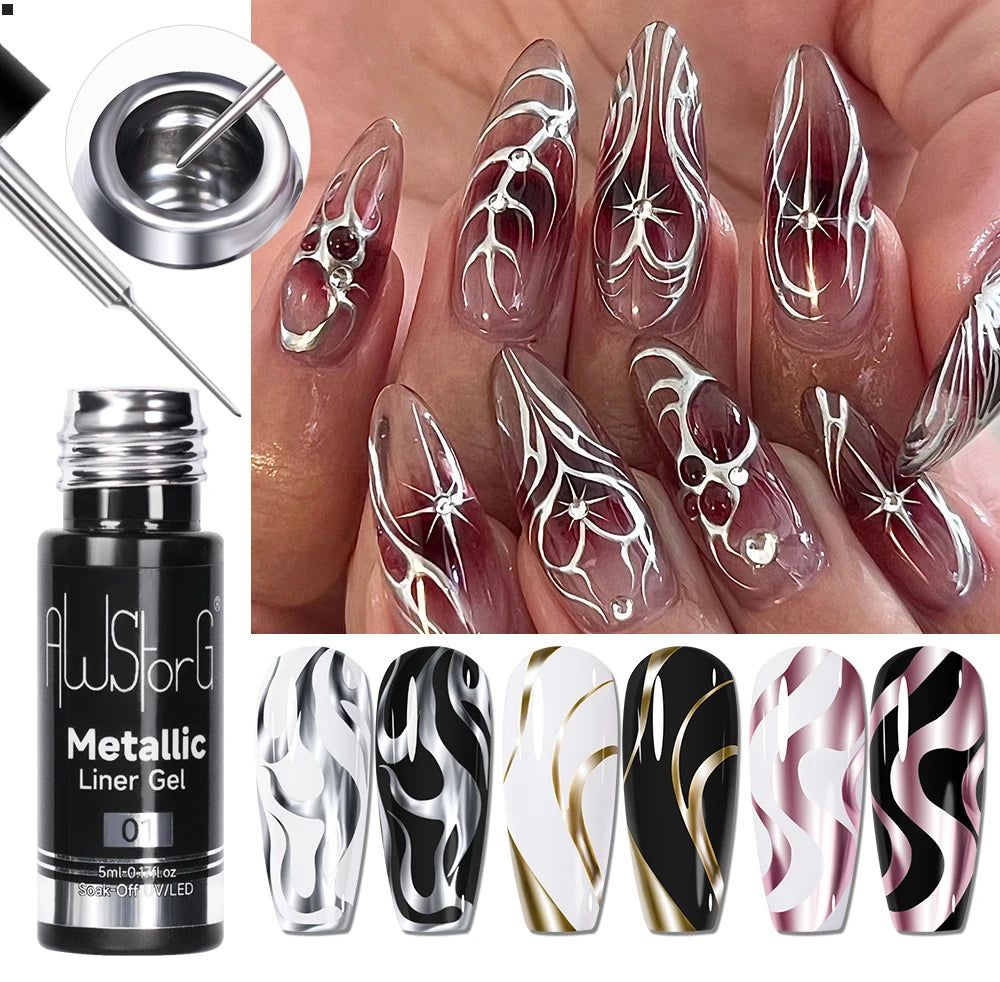 5ML Gold Silver Metallic Liner Paint Gel Polish Chrome Mirror Metal Effect Super Bright French UV LED Semi Permanent Nail Gel