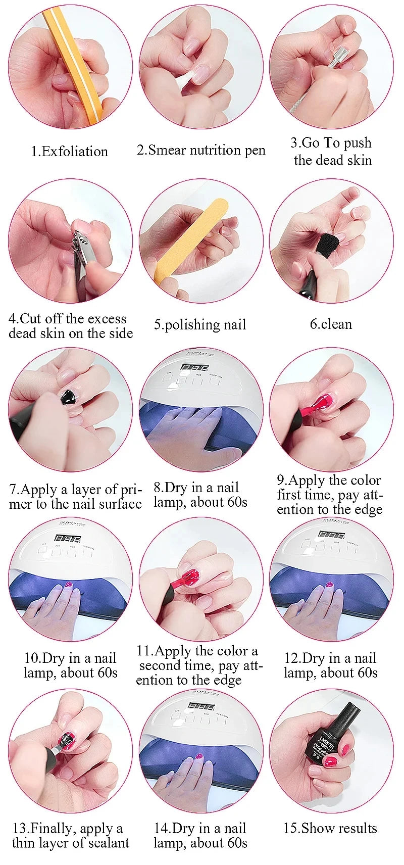 Kit de vernis à ongles semi-permanent avec lampe UV/LED et outils de manucure.