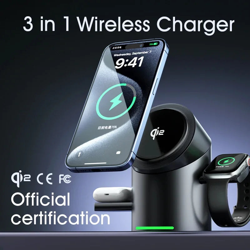 Chargeur sans fil magnétique intelligent Qi2 3 en 1 de 15 W avec rotation automatique pour Android, iPhone, iWatch et AirPods, station de charge rapide MagSafe