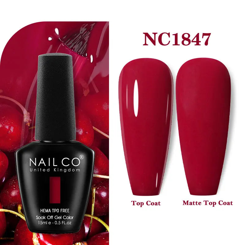Vernis à ongles gel NAILCO 283 couleurs, base et top coat, semi-permanent, UV, pour nail art et manucure hybride.