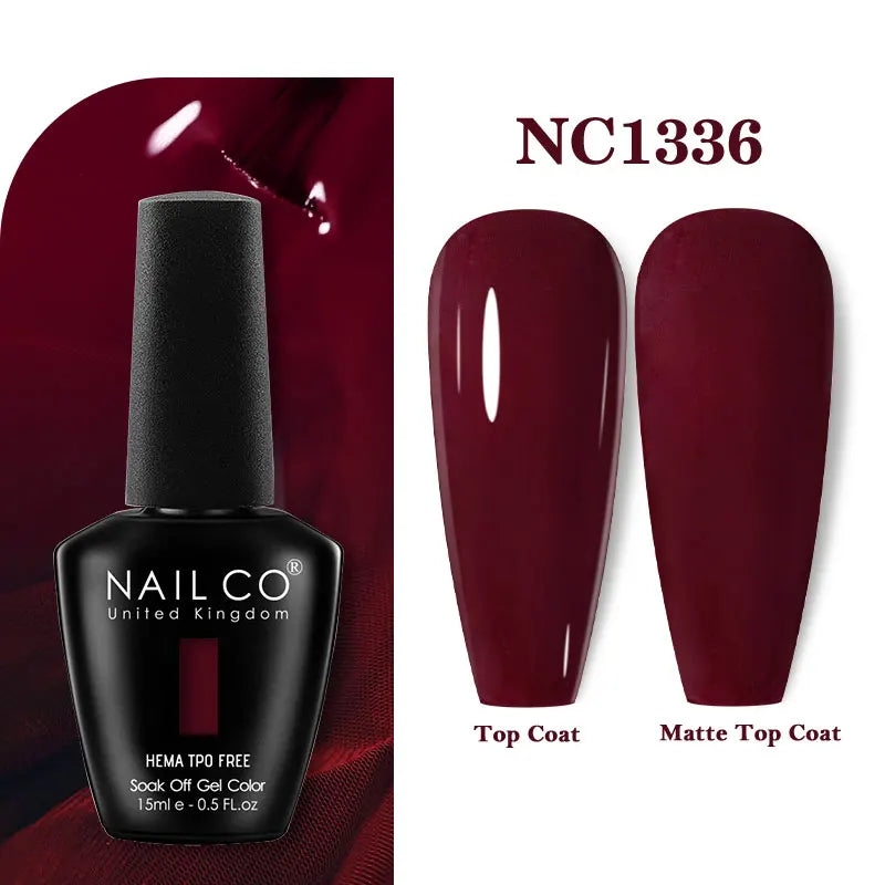 Vernis à ongles gel NAILCO 283 couleurs, base et top coat, semi-permanent, UV, pour nail art et manucure hybride.