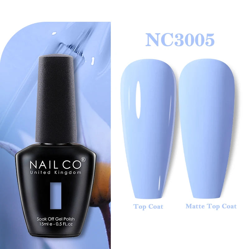 Vernis à ongles gel NAILCO 283 couleurs, base et top coat, semi-permanent, UV, pour nail art et manucure hybride.