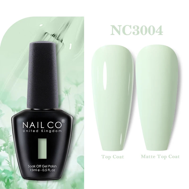 Vernis à ongles gel NAILCO 283 couleurs, base et top coat, semi-permanent, UV, pour nail art et manucure hybride.