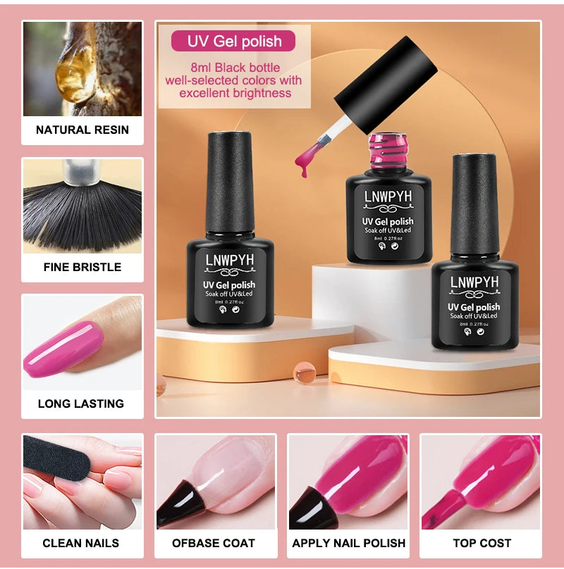 Kit de vernis à ongles semi-permanent avec lampe UV/LED et outils de manucure.
