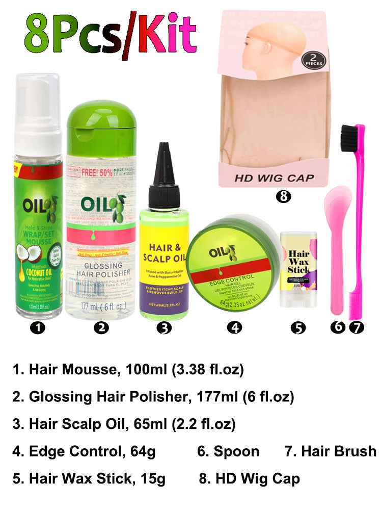 Wig Installation Kit Set 8Pcs Hair Mousse Glossing Hair Polisher Scalp Oil Edge Control HD Wig Cap Hair Wax Stick Hair Brush