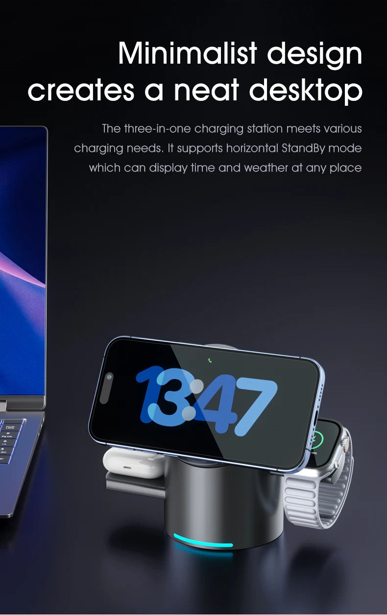 Chargeur sans fil magnétique intelligent Qi2 3 en 1 de 15 W avec rotation automatique pour Android, iPhone, iWatch et AirPods, station de charge rapide MagSafe