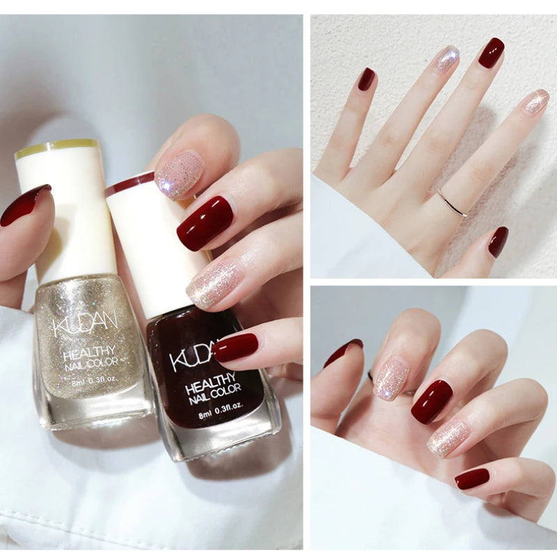 Vernis à ongles sans lampe UV, blanc à fines paillettes, sans cuisson, sans décollement, base huileuse transparente et brillante, couleur nude