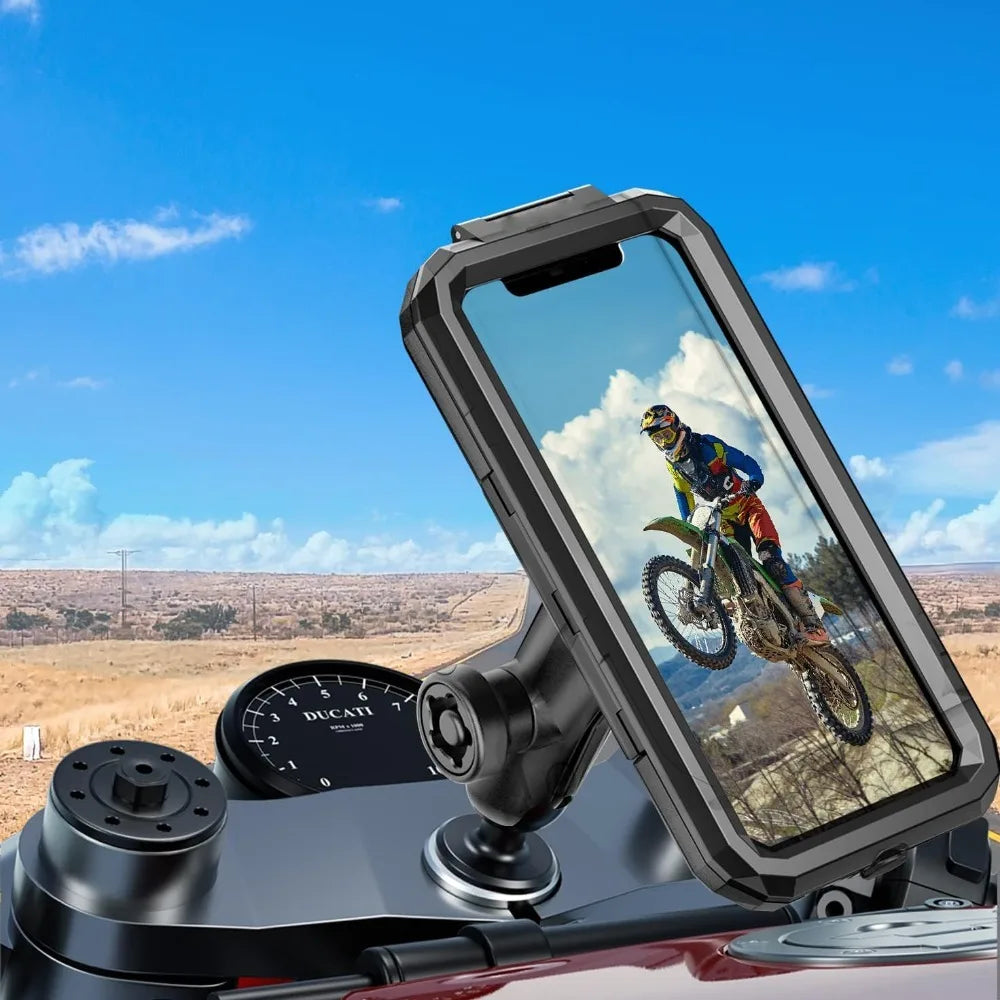 Étui de support de téléphone étanche pour potence de moto, fixation sur rotule de 2,5 cm (1 pouce), antivol, avec base en aluminium pour fourches de 11,9 à 17,3 cm (4,7 à 6,8 pouces).