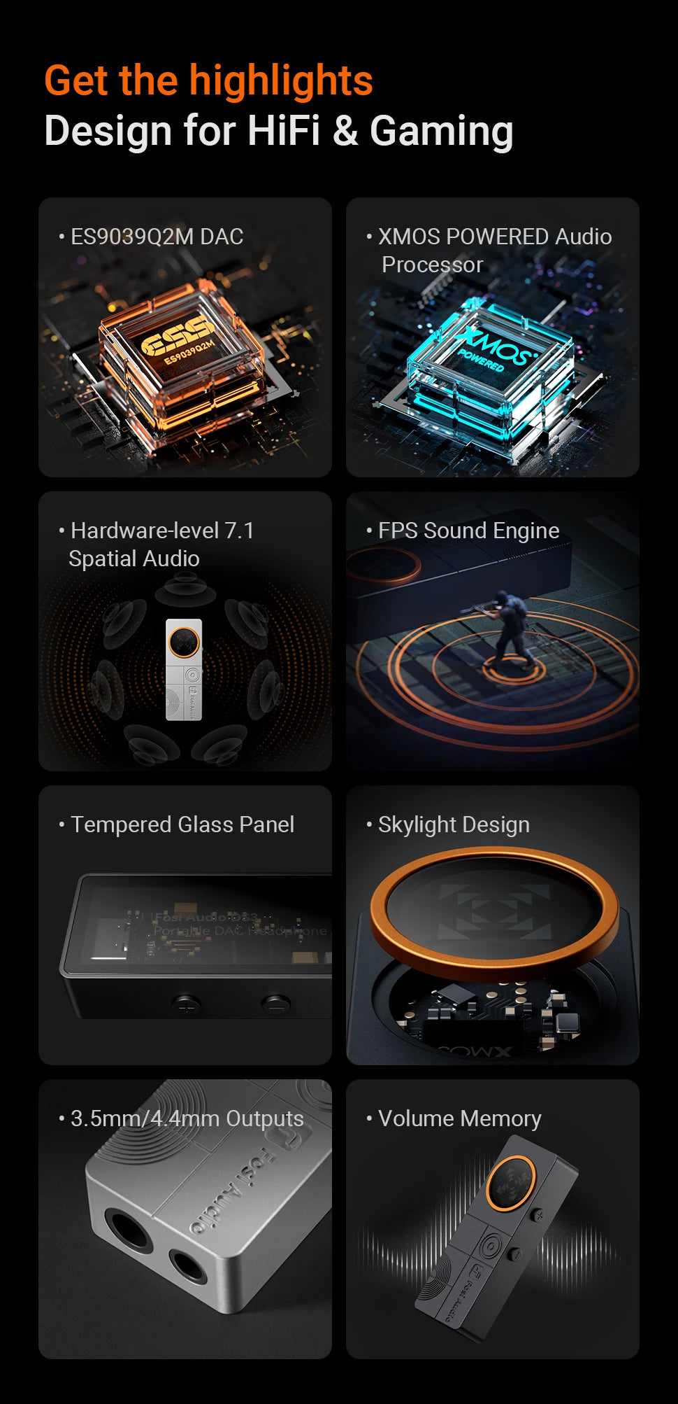 Amplificateur casque Hi-Fi portable Fosi Audio DS3 DAC avec dongle DAC XMOS XU316 DSD512 et sortie jack symétrique 4,4 mm/3,5 mm.