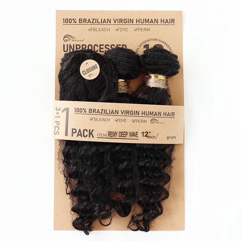 Kinky Curly Human Hair Bundles Short Brazilian Hair Weaves 3 Bundles With Closure Natural Black Curly Bundles With Closure