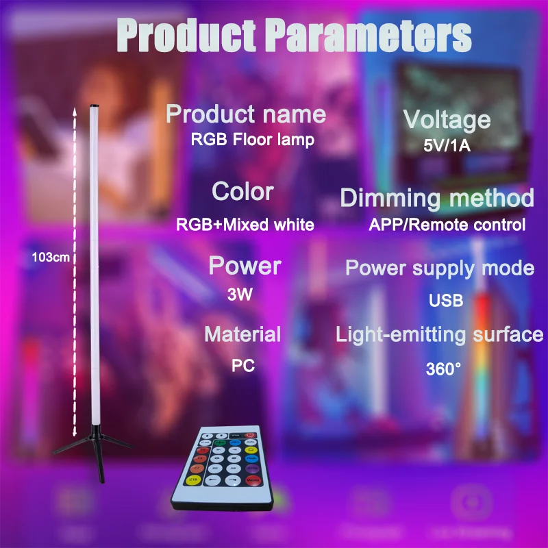 Lampadaire d'angle intelligent RGB avec application et télécommande, éclairage d'ambiance LED à intensité variable pour salle de jeux, salon ou chambre.