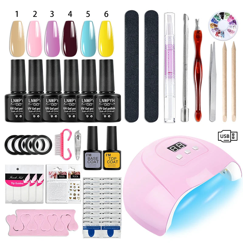 Kit de vernis à ongles semi-permanent avec lampe UV/LED et outils de manucure.