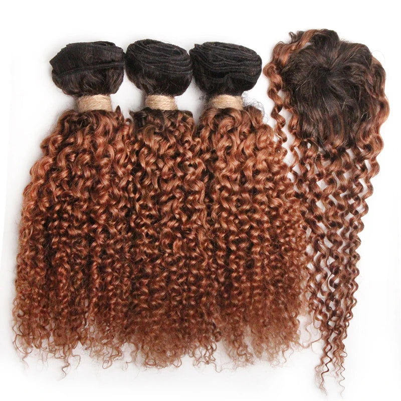 Kinky Curly Human Hair Bundles Short Brazilian Hair Weaves 3 Bundles With Closure Natural Black Curly Bundles With Closure