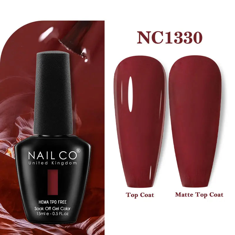 Vernis à ongles gel NAILCO 283 couleurs, base et top coat, semi-permanent, UV, pour nail art et manucure hybride.