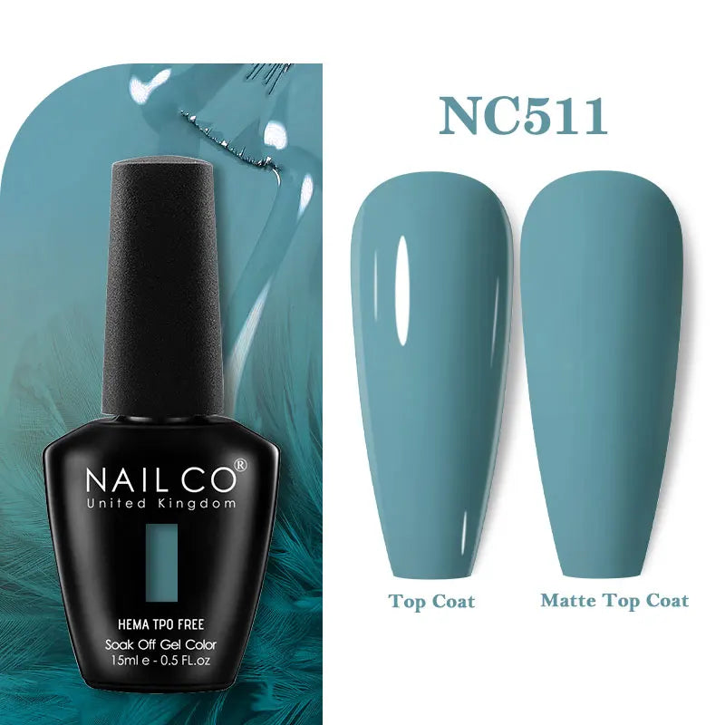 Vernis à ongles gel NAILCO 283 couleurs, base et top coat, semi-permanent, UV, pour nail art et manucure hybride.