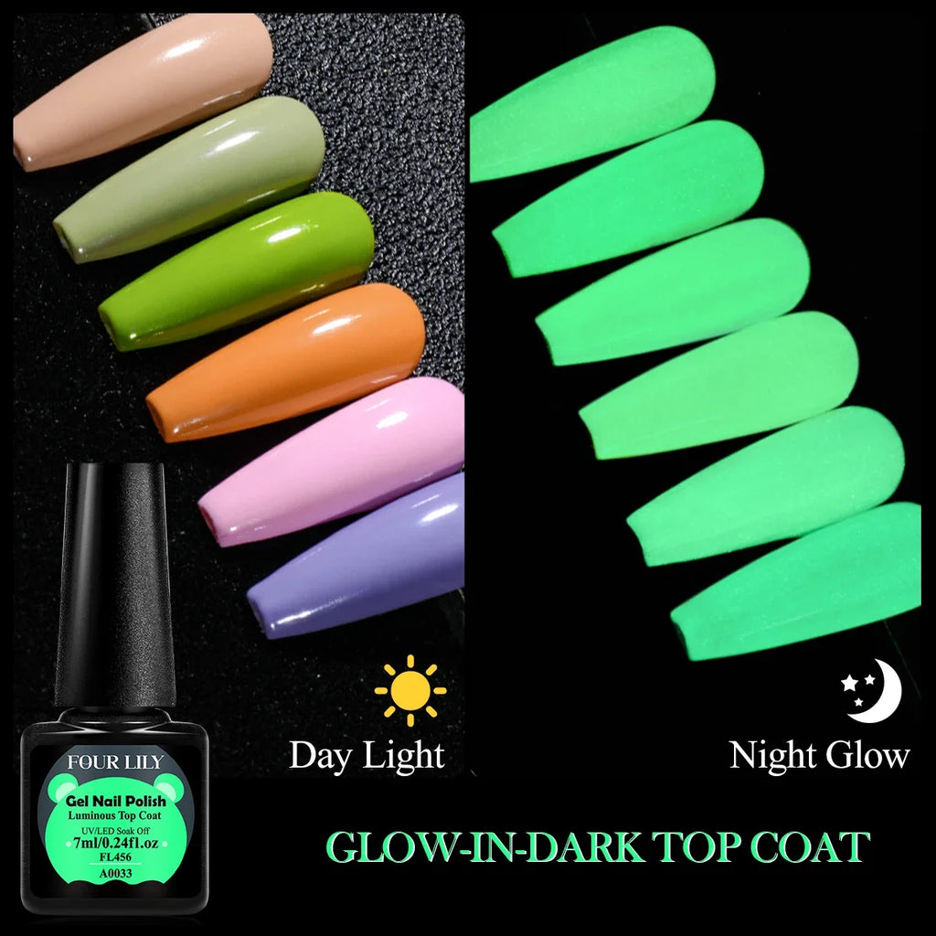Vernis à ongles gel semi-permanent Four Lily 7 ml, finition lumineuse fluorescente phosphorescente, à dissoudre sous une lampe UV/LED.