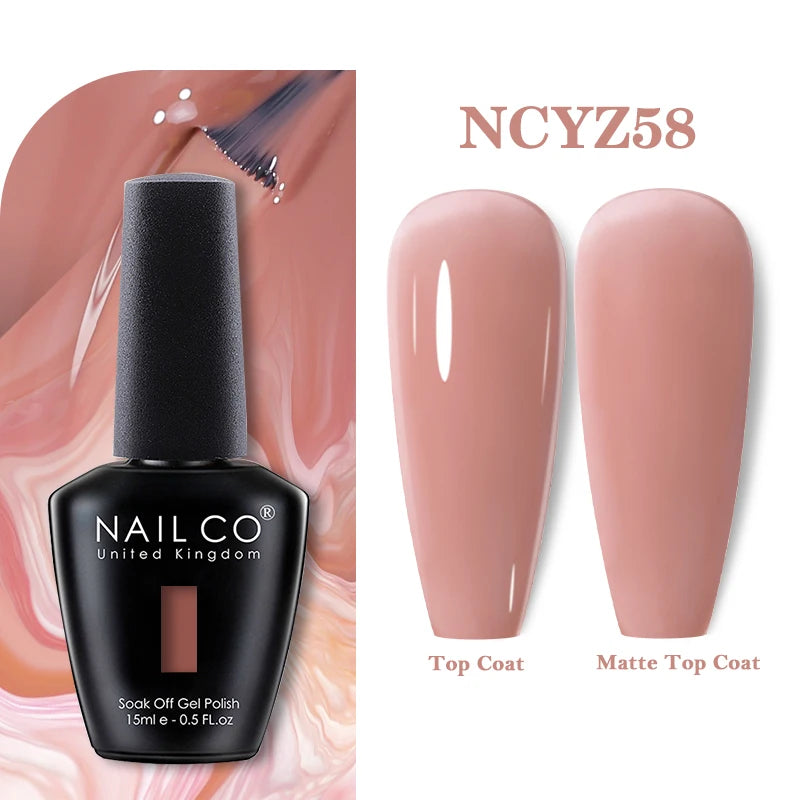 Vernis à ongles gel NAILCO 283 couleurs, base et top coat, semi-permanent, UV, pour nail art et manucure hybride.