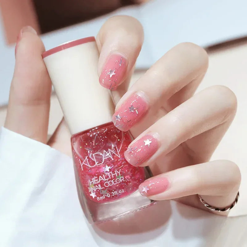 Vernis à ongles sans lampe UV, blanc à fines paillettes, sans cuisson, sans décollement, base huileuse transparente et brillante, couleur nude