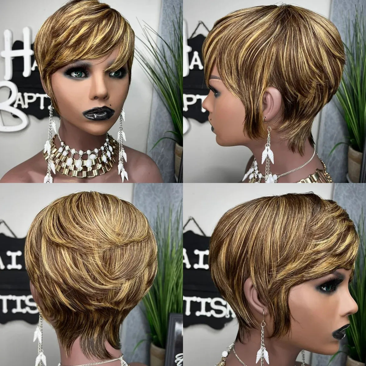 Perruque synthétique WIGERA Highlight, coupe pixie courte et lisse, style bob, mélange miel doré et noir, pour femme