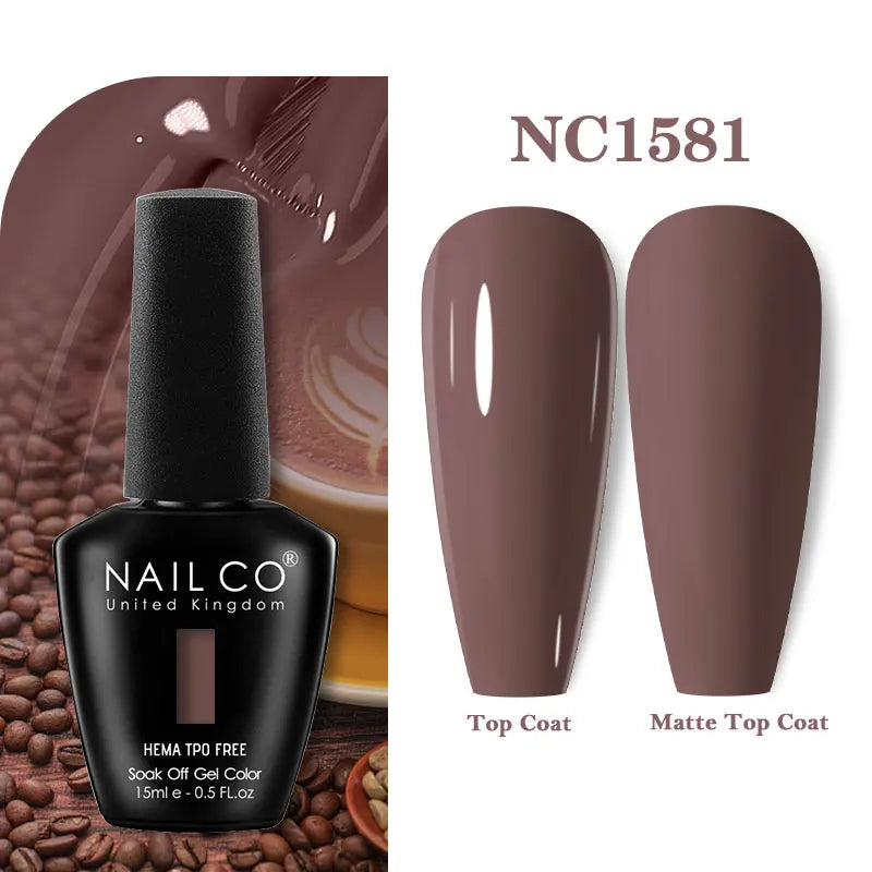 Vernis à ongles gel NAILCO 283 couleurs, base et top coat, semi-permanent, UV, pour nail art et manucure hybride.