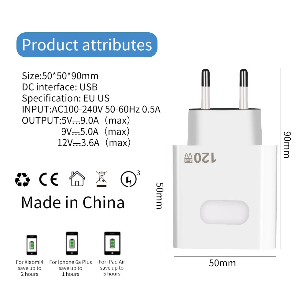 Chargeur USB GaN à charge rapide Quick Charge 3.0, câble Type C, adaptateur pour téléphone portable compatible iPhone, Huawei, Samsung et Xiaomi 14