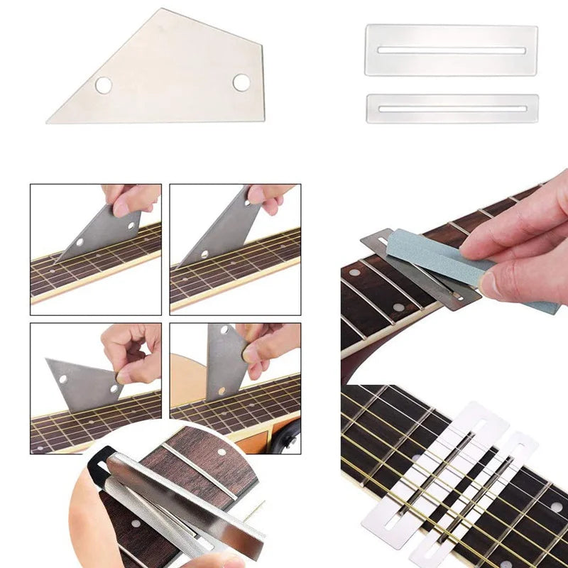 Kit d'outils pour l'entretien et la réparation de guitare : organiseur de cordes, règle de réglage de l'action des cordes, outil de mesure, jeu de clés hexagonales, limes, embouts