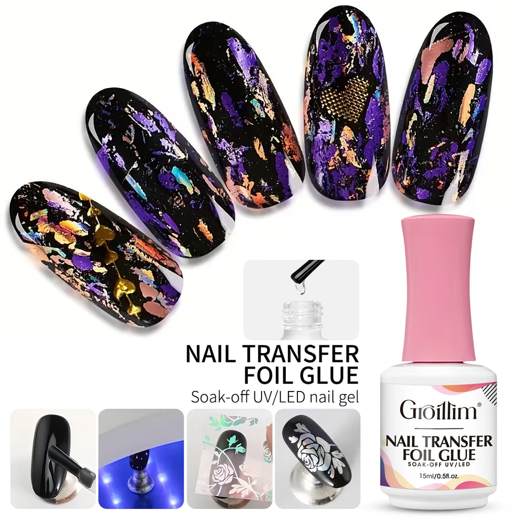 Colle pour nail art métallisé, colle de transfert pour stickers métallisés, idéale pour le nail art DIY, nécessite un éclairage LED.
