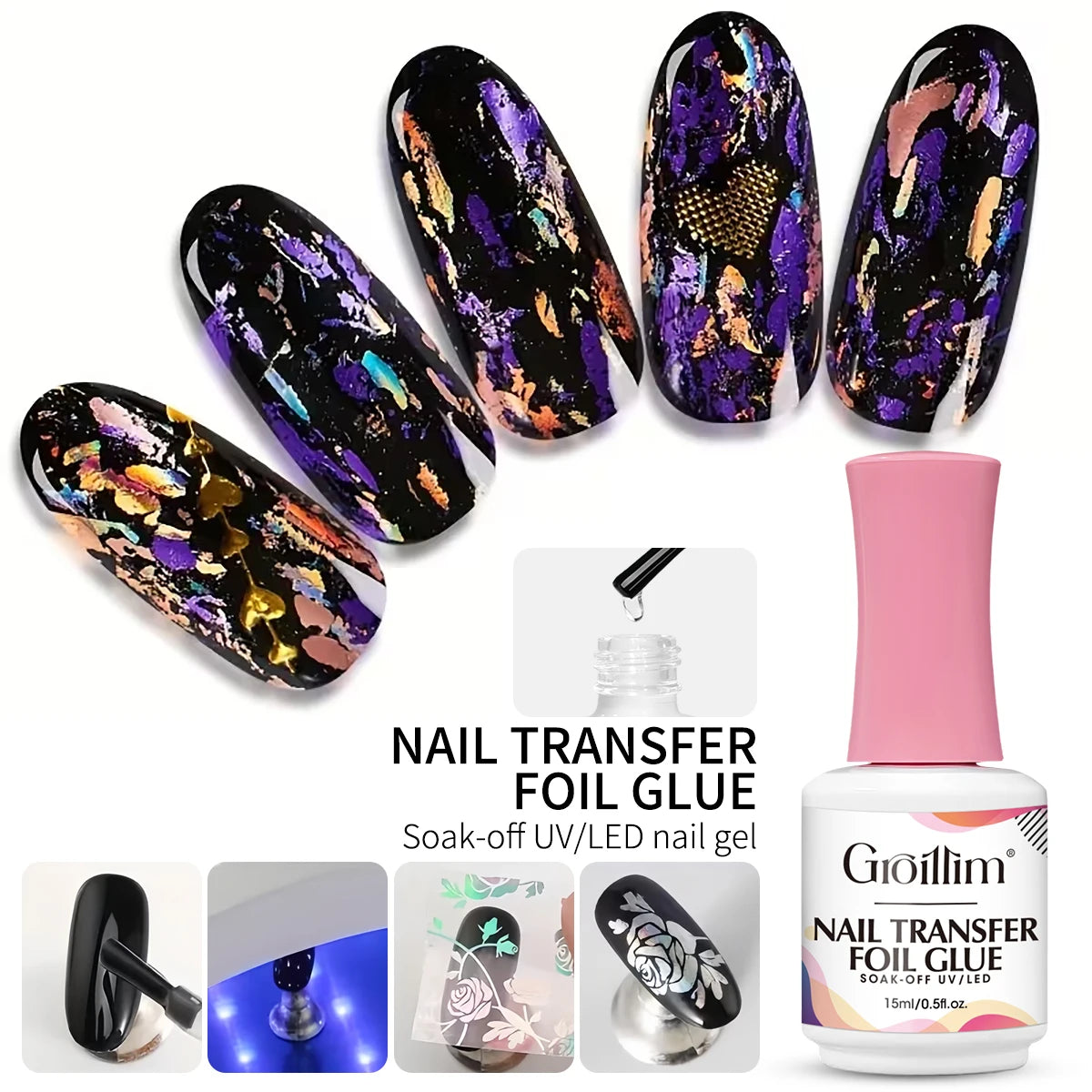 Colle pour nail art métallisé, colle de transfert pour stickers métallisés, idéale pour le nail art DIY, nécessite un éclairage LED.