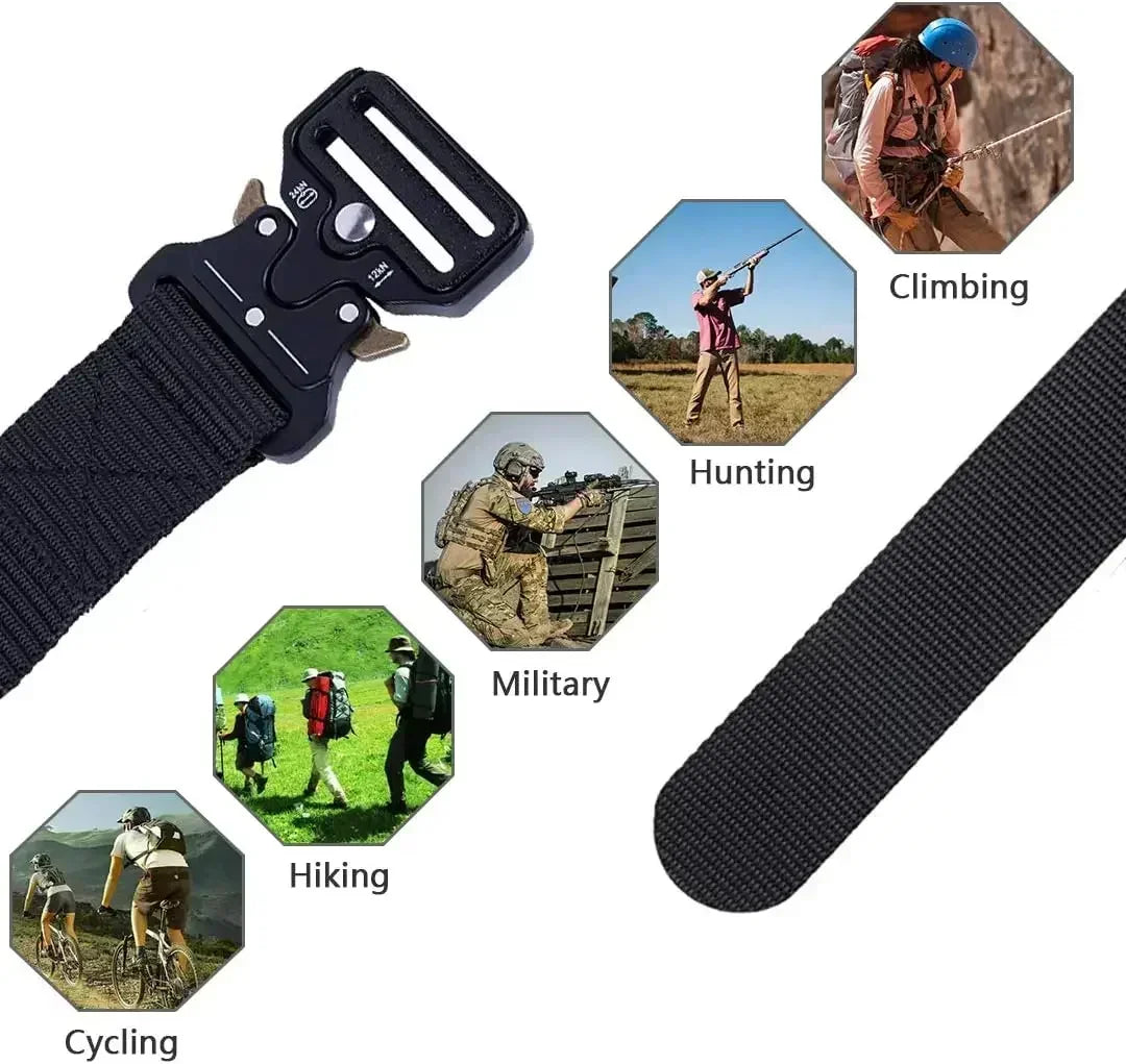 Ceinture tactique unisexe de style militaire pour le travail, la randonnée et les travaux de précision. Ceinture porte-arme avec boucle métallique robuste à dégagement rapide.