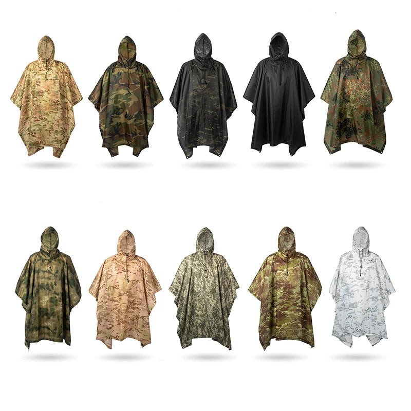 Military Tactical Rain Poncho - Waterproof Multi-Use Shelter & Raincoat