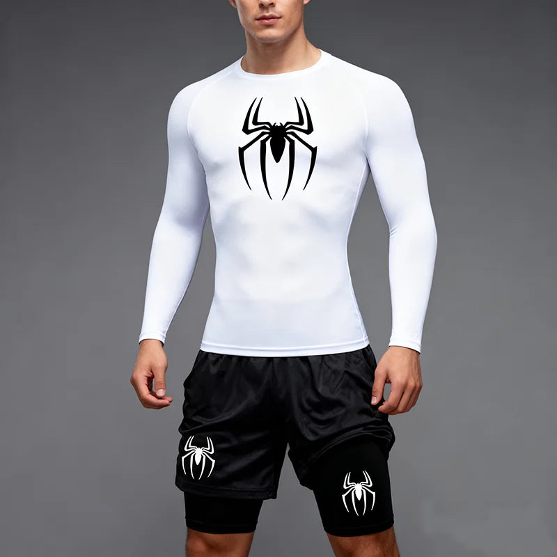 Spring and Autumn Men's Sports Set Quick drying Training Clothes Spider Printed Fitness Top Performance Shorts Gym Casual Sports