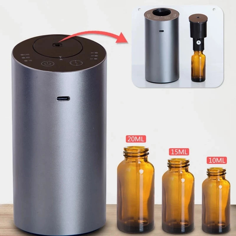Diffuseur d'arômes sans fil pour voiture avec flacon d'huile essentielle vide de 20 ml. Diffuseur de parfum électrique rechargeable pour la maison et la chambre.