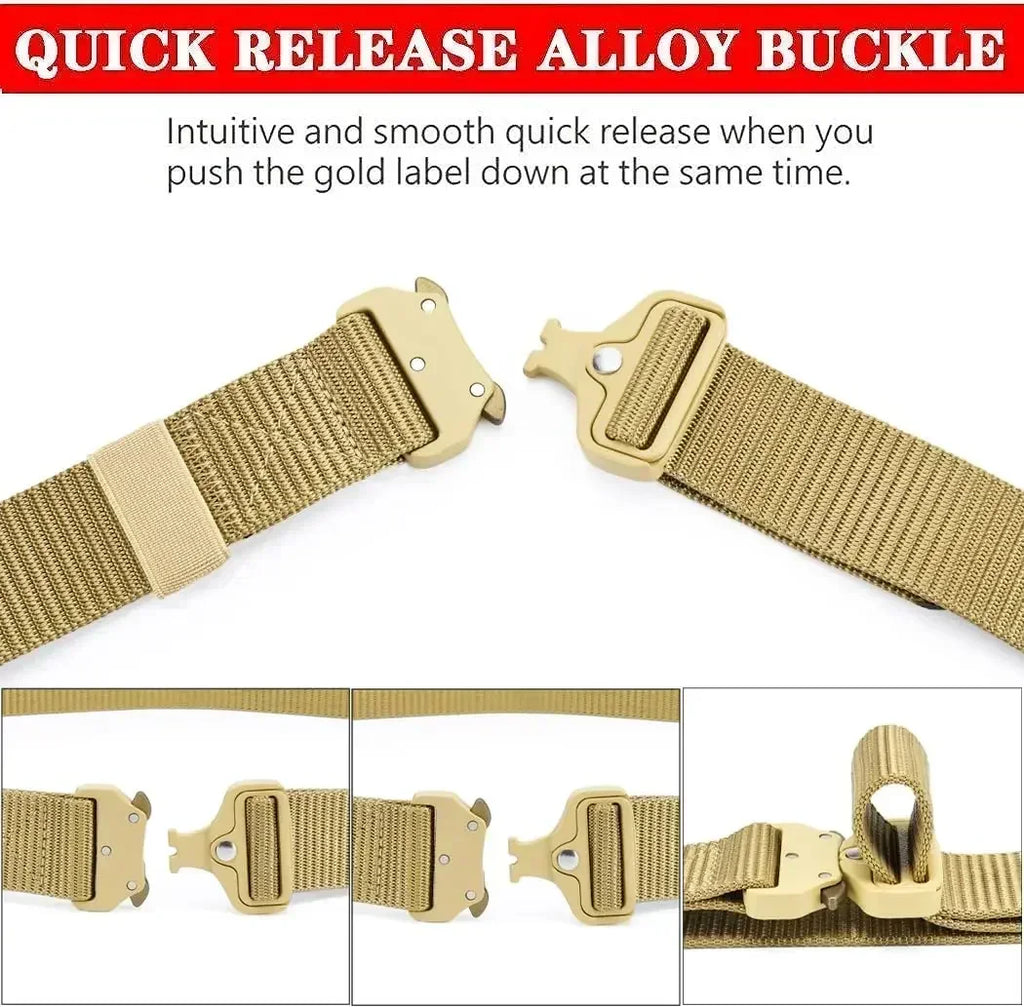 Ceinture tactique unisexe de style militaire pour le travail, la randonnée et les travaux de précision. Ceinture porte-arme avec boucle métallique robuste à dégagement rapide.