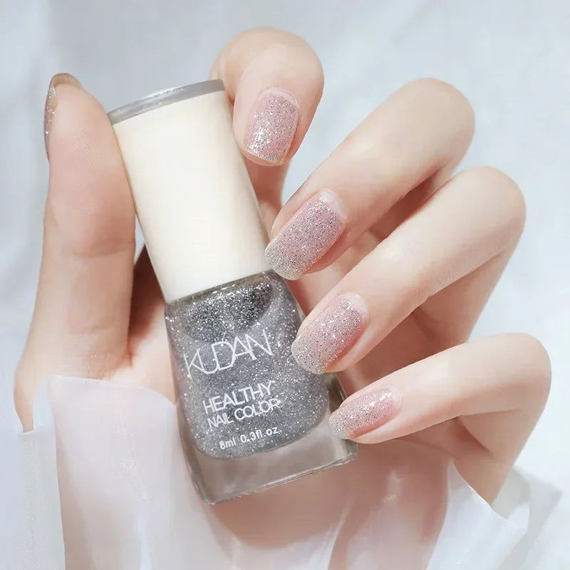 Vernis à ongles sans lampe UV, blanc à fines paillettes, sans cuisson, sans décollement, base huileuse transparente et brillante, couleur nude