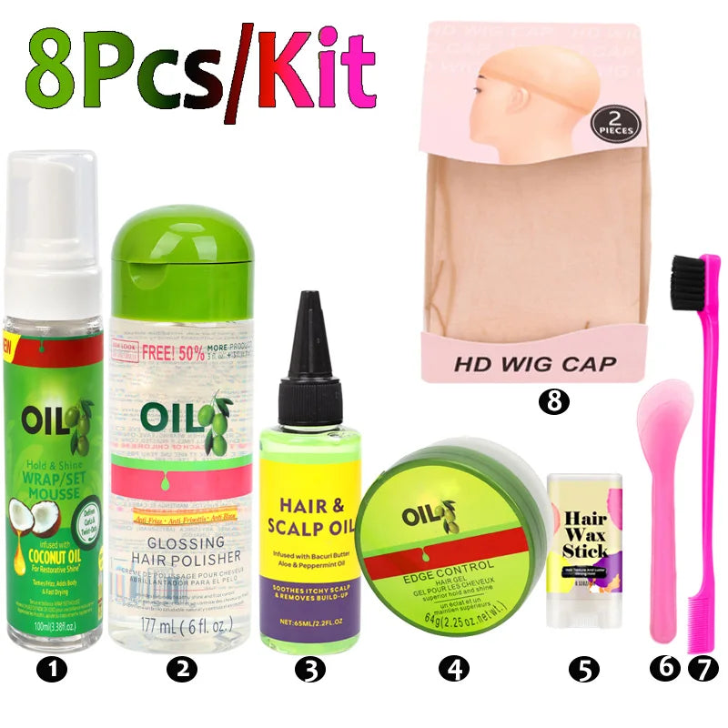 Wig Installation Kit Set 8Pcs Hair Mousse Glossing Hair Polisher Scalp Oil Edge Control HD Wig Cap Hair Wax Stick Hair Brush