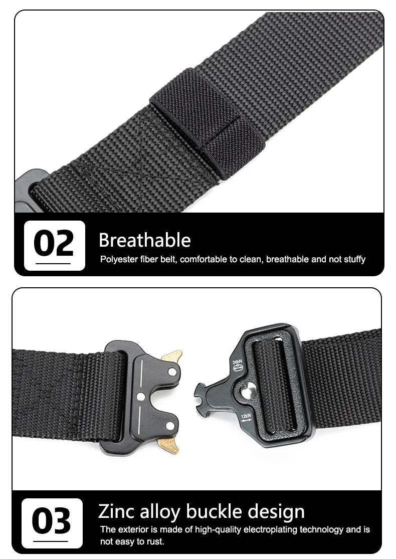 Ceinture tactique unisexe de style militaire pour le travail, la randonnée et les travaux de précision. Ceinture porte-arme avec boucle métallique robuste à dégagement rapide.