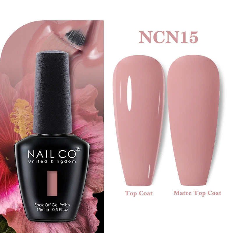 Vernis à ongles gel NAILCO 283 couleurs, base et top coat, semi-permanent, UV, pour nail art et manucure hybride.