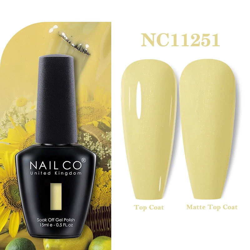 Vernis à ongles gel NAILCO 283 couleurs, base et top coat, semi-permanent, UV, pour nail art et manucure hybride.