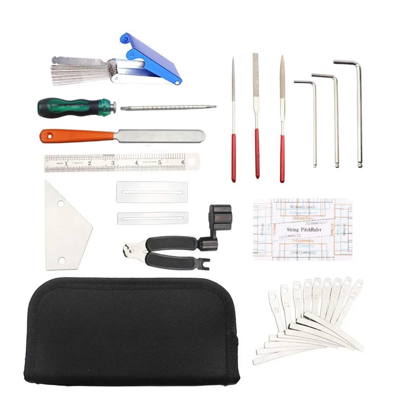 Kit d'outils pour l'entretien et la réparation de guitare : organiseur de cordes, règle de réglage de l'action des cordes, outil de mesure, jeu de clés hexagonales, limes, embouts