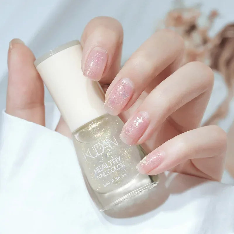 Vernis à ongles sans lampe UV, blanc à fines paillettes, sans cuisson, sans décollement, base huileuse transparente et brillante, couleur nude